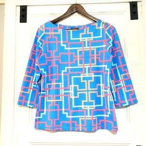 J McLaughlin Womens M Geometric Print Catalina Cloth 3/4 Sleeve Round Neck Top